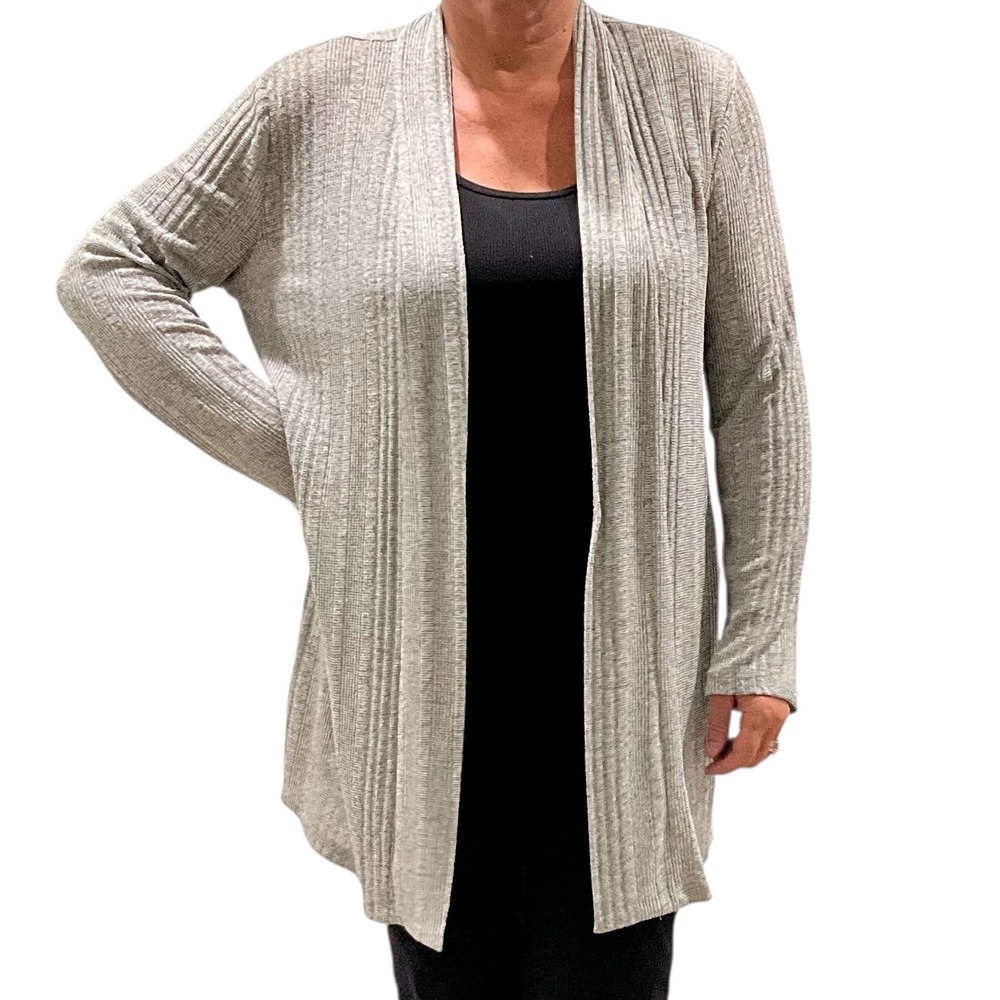 Jones Studio Duster Cardigan Women's L‎ Gray Ribbed Knit Open Front Long Sleeve